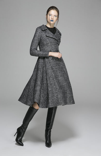 Black Wool Coat - Fit and Flare Silhouette with Pleated Detail 1373