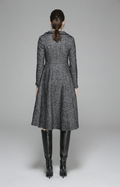 Black Wool Coat - Fit and Flare Silhouette with Pleated Detail 1373