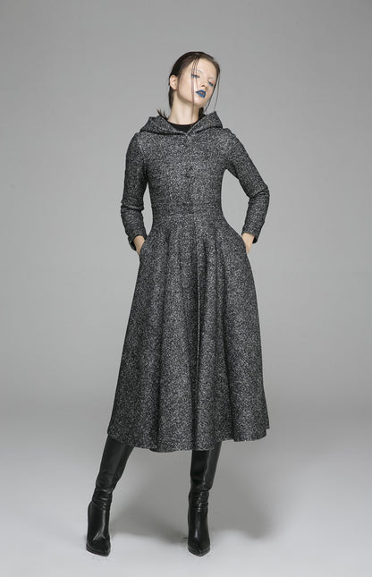 Gray Hooded Wool Swing Coat – Elegant Fit & Flare Winter Coat | Xiaolizi 1374