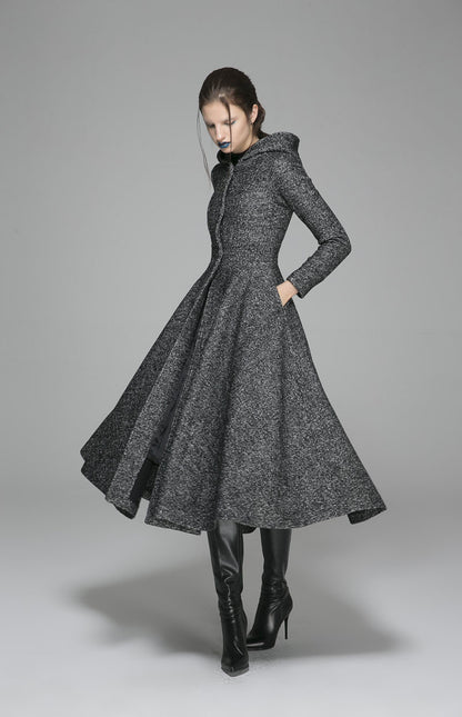 Gray Hooded Wool Swing Coat – Elegant Fit & Flare Winter Coat | Xiaolizi 1374