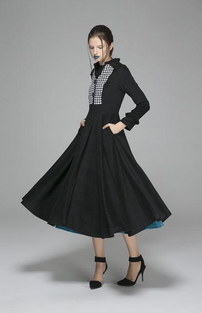 Black Wool Fit & Flare Winter Coat – Houndstooth Bodice & Full Skirt 1375