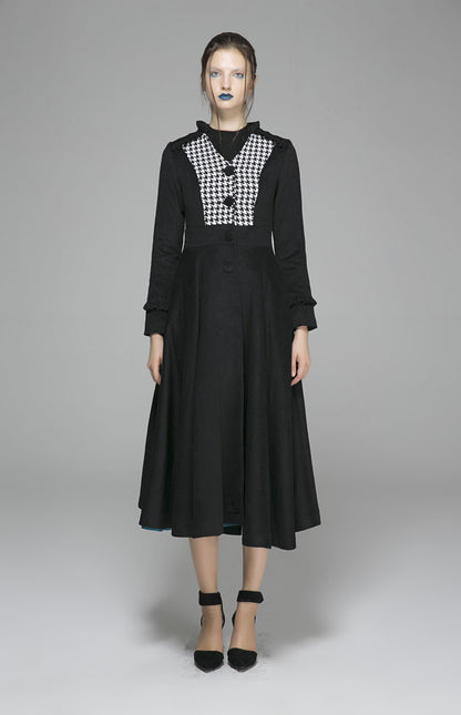 Black Wool Fit & Flare Winter Coat – Houndstooth Bodice & Full Skirt 1375