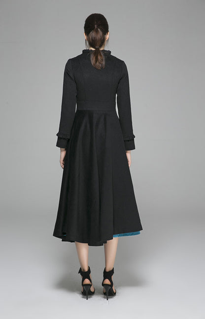 Black Wool Fit & Flare Winter Coat – Houndstooth Bodice & Full Skirt 1375