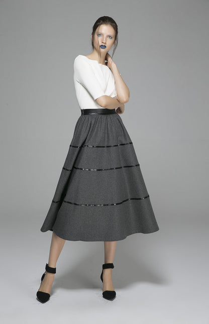 Gray Wool Maxi Skirt - Pleated Full Flowing Design 1376