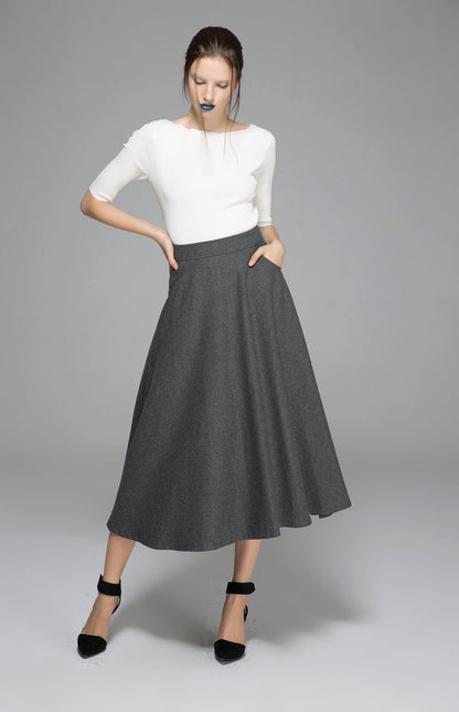 Black Wool Maxi Skirt Women – High Waist A-Line Long Winter Skirt with Pockets 1088