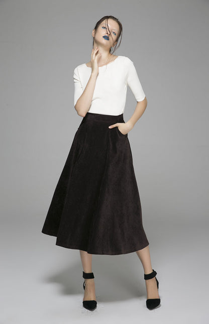 Brown Corduroy Maxi Skirt - Flowy Full-Length Elegance 1378