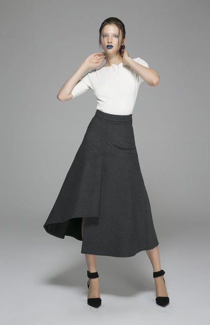 Gray Wool Skirt - Asymmetric Hem, Fitted Waist 1380