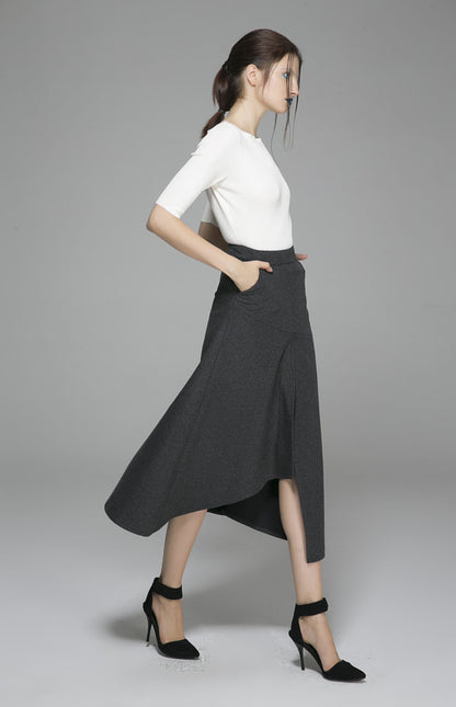 Gray Wool Skirt - Asymmetric Hem, Fitted Waist 1380