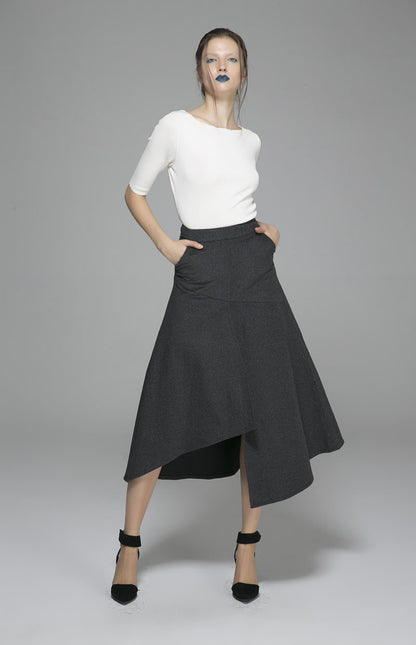 Gray Wool Skirt - Asymmetric Hem, Fitted Waist 1380