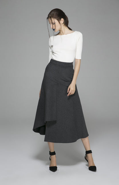 Gray Wool Skirt - Asymmetric Hem, Fitted Waist 1380