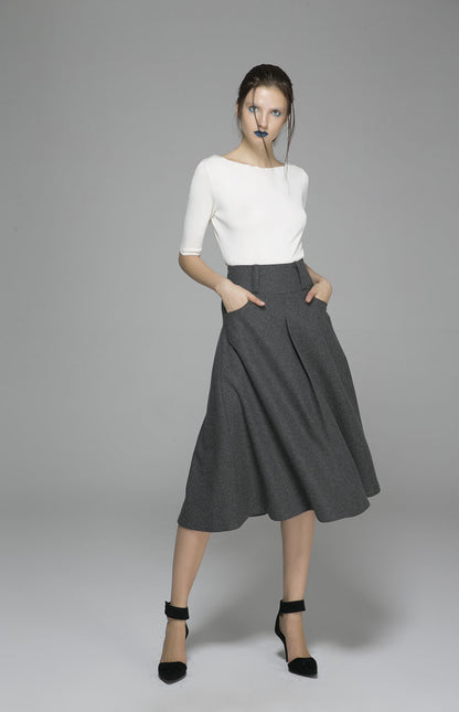 Dark Gray Wool Blend Maxi Skirt - Pleated Pockets | Xiaolizi 1383