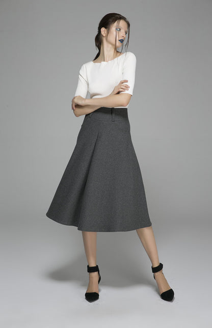 Dark Gray Wool Blend Maxi Skirt - Pleated Pockets | Xiaolizi 1383