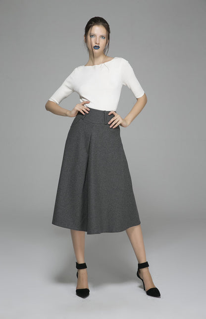 Dark Gray Wool Blend Maxi Skirt - Pleated Pockets | Xiaolizi 1383