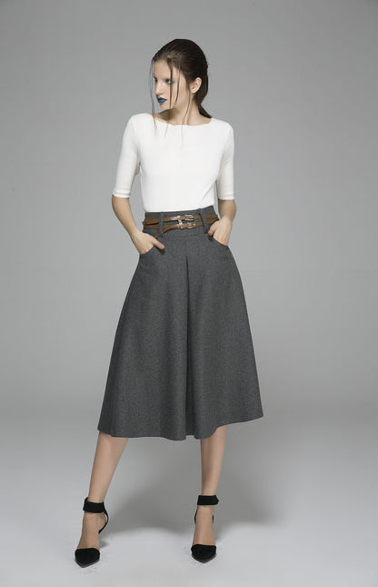 Dark Gray Wool Blend Maxi Skirt - Pleated Pockets | Xiaolizi 1383