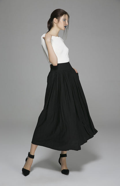 Black Linen Maxi Skirt - Pleated Waist with Pockets 1384