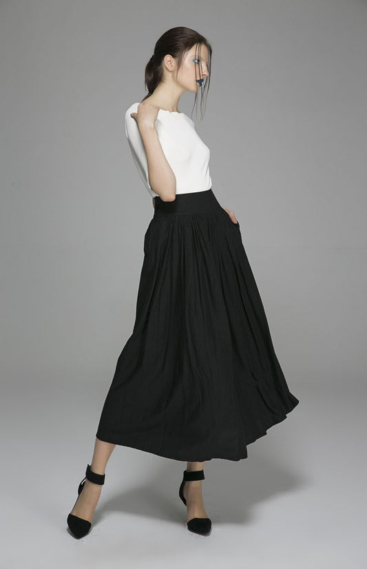 Black maxi swing skirt with pleated waist 1384#