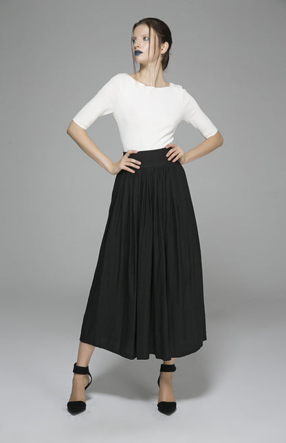 Black Linen Maxi Skirt - Pleated Waist with Pockets 1384
