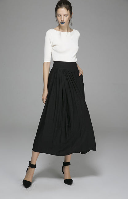 Black Linen Maxi Skirt - Pleated Waist with Pockets 1384