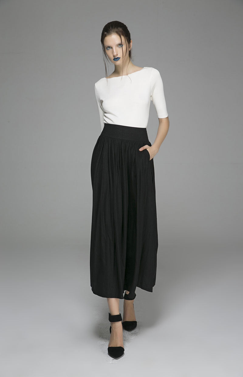 Black maxi swing skirt with pleated waist 1384#