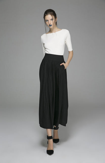 Black Linen Maxi Skirt - Pleated Waist with Pockets 1384