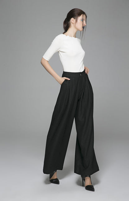 Black Wool Wide Leg Maxi Pants - Elegant Long Trousers 1389