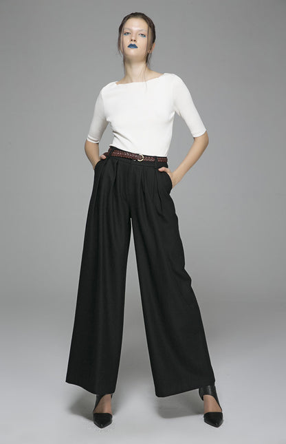 Black Wool Wide Leg Maxi Pants - Elegant Long Trousers 1389