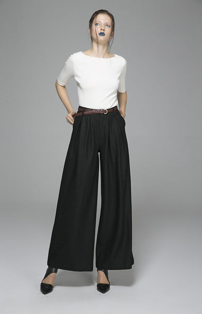 Black Wool Wide Leg Maxi Pants - Elegant Long Trousers 1389