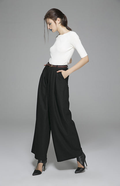 Black Wool Wide Leg Maxi Pants - Elegant Long Trousers 1389