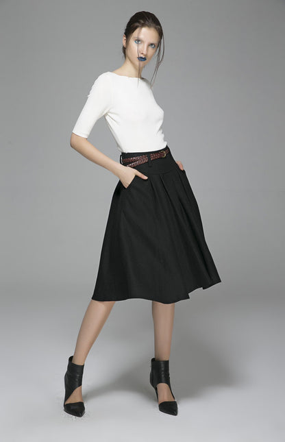 Black Wool Midi Skirt – Vintage High Waist Skirt with Pockets 1390