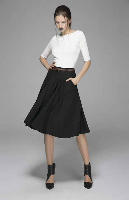 Black Wool Midi Skirt – Vintage High Waist Skirt with Pockets 1390