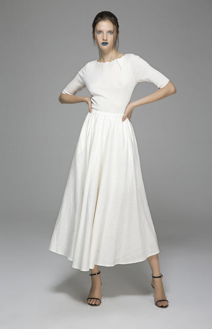 White Butterfly Linen Maxi Skirt - Elastic Waist Pockets | Xiaolizi 1392