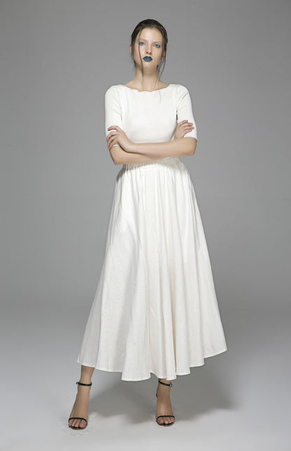 White Butterfly Linen Maxi Skirt - Elastic Waist Pockets | Xiaolizi 1392