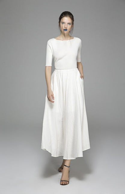 White Butterfly Linen Maxi Skirt - Elastic Waist Pockets | Xiaolizi 1392