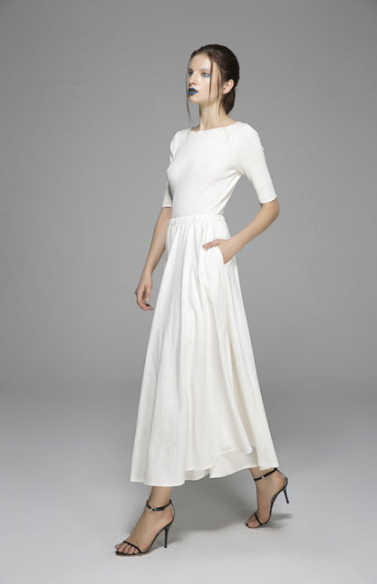 White Butterfly Linen Maxi Skirt - Elastic Waist Pockets | Xiaolizi 1392