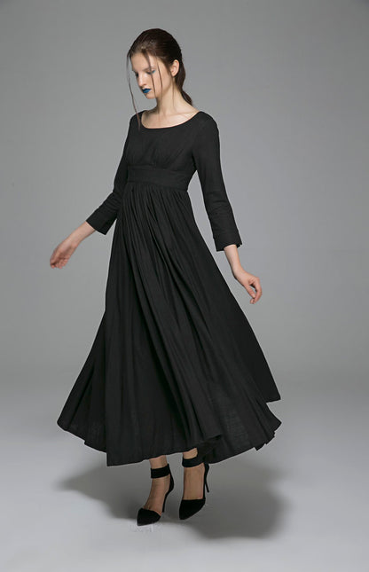 Black Linen Cotton Maxi Dress - Empire Waist, Pleated Skirt 1394