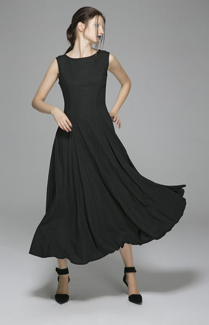 Black Linen Maxi Dress - Sleeveless Round Neck Formal | Xiaolizi 1395