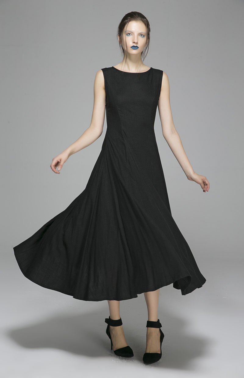 Long Black Linen Dress Women Maxi Dress Sleeveless Prom Dress(1395)