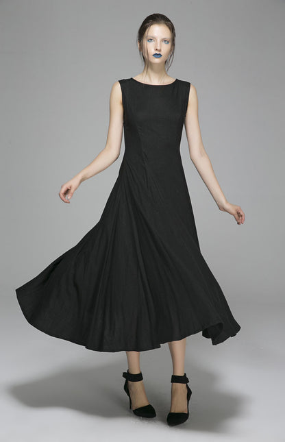 Black Linen Maxi Dress - Sleeveless Round Neck Formal | Xiaolizi 1395