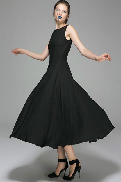 Black Linen Maxi Dress - Sleeveless Round Neck Formal | Xiaolizi 1395