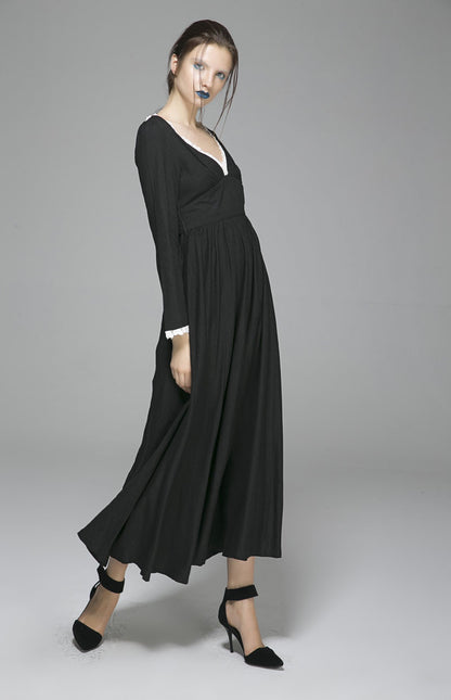 Black Linen Blend Maxi Dress - Deep V Neckline, Pleated Flare Skirt 1396