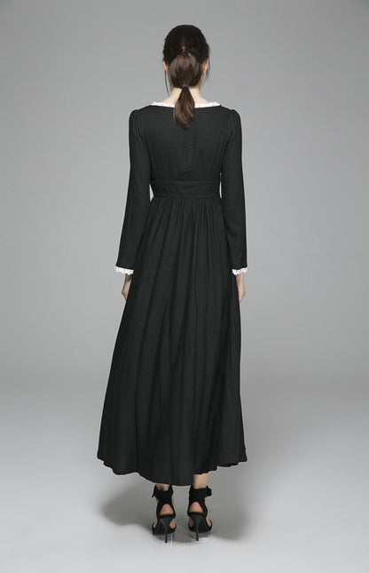 Black Linen Blend Maxi Dress - Deep V Neckline, Pleated Flare Skirt 1396