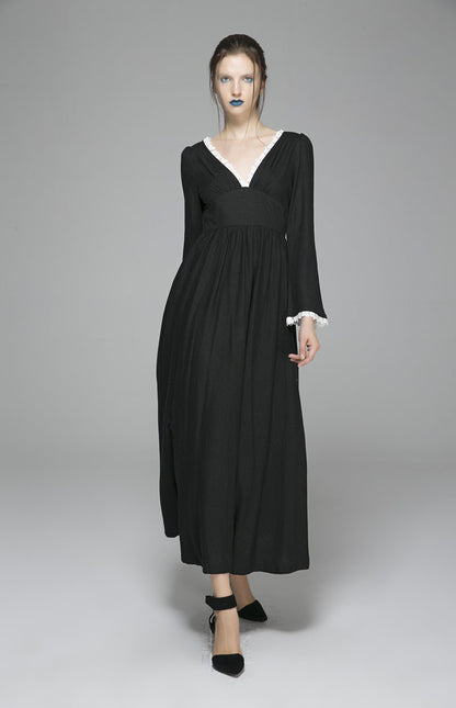 Black Linen Blend Maxi Dress - Deep V Neckline, Pleated Flare Skirt 1396