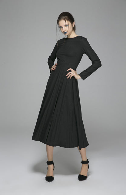 Elegant Black Linen Blend Dress – Handmade Long Sleeve Mid-Calf Dress | Xiaolizi 1397