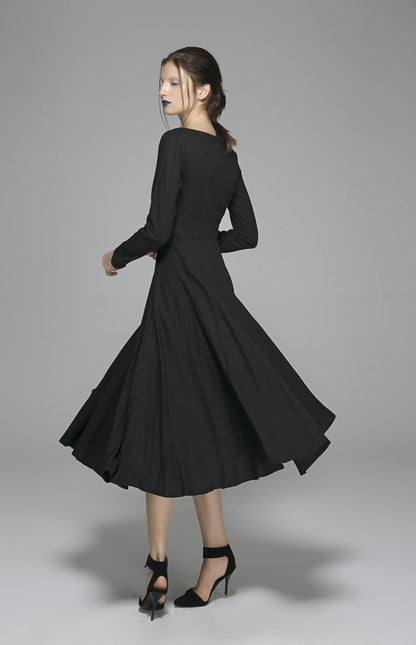Elegant Black Linen Blend Dress – Handmade Long Sleeve Mid-Calf Dress | Xiaolizi 1397