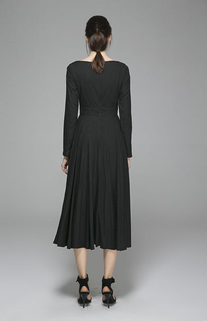 Elegant Black Linen Blend Dress – Handmade Long Sleeve Mid-Calf Dress | Xiaolizi 1397