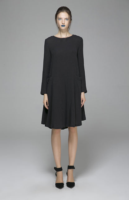 Black Linen Dress Midi Dress Shirt Dress - Round Neckline, Elegant Fit 1399