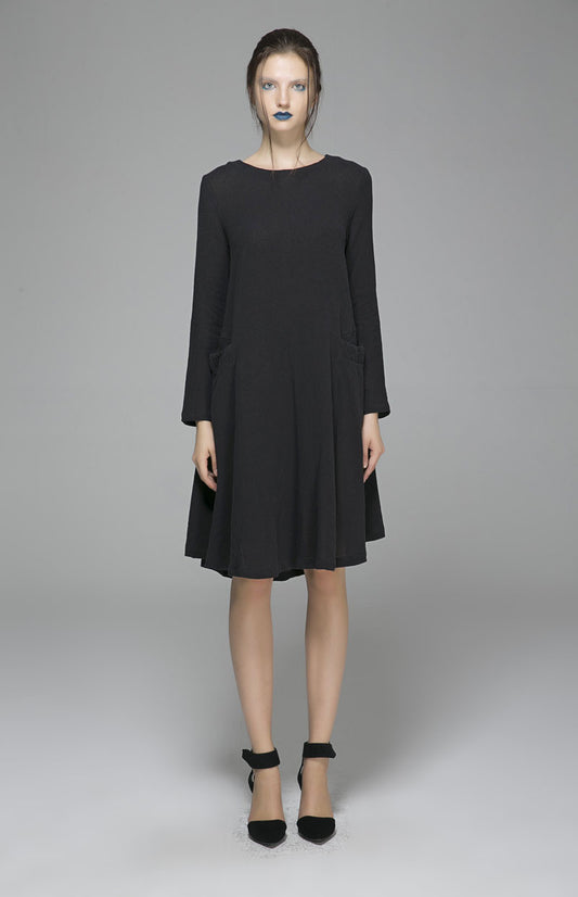 Black linen dress midi dress shirt dress 1399#