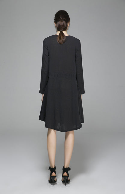 Black Linen Dress Midi Dress Shirt Dress - Round Neckline, Elegant Fit 1399