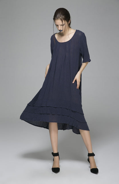 Blue Linen Maxi Dress - Sleeveless, Round Neck 1400
