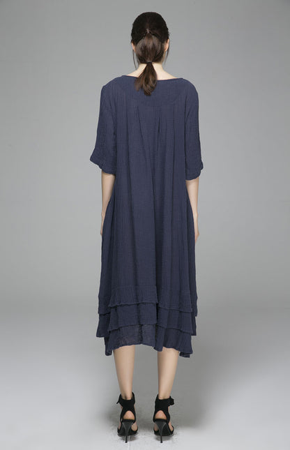Blue Linen Maxi Dress - Sleeveless, Round Neck 1400